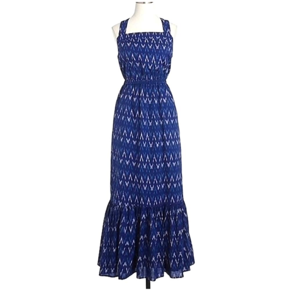 J. Crew Ikat Sleeveless Cotton Maxi Dress Blue White Ruffle Hem Boho 6